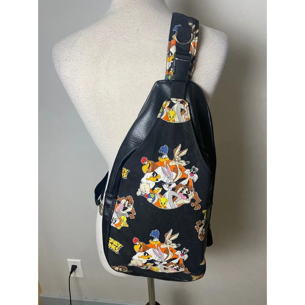 Vintage 90s Looney Tunes Leather Sling Backpack Bugs Bunny Tasmanian Devil Black